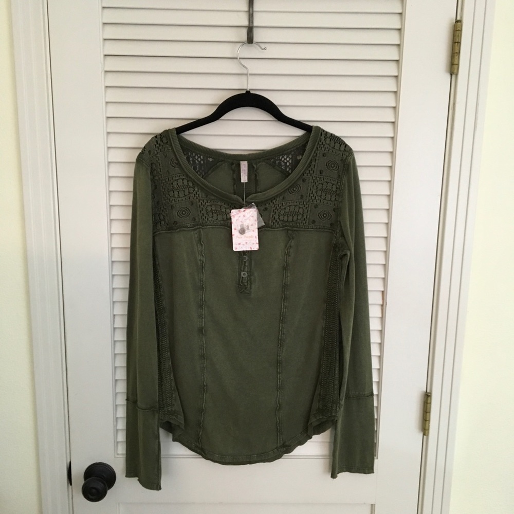 Free People Olive Green Embellished Tee
